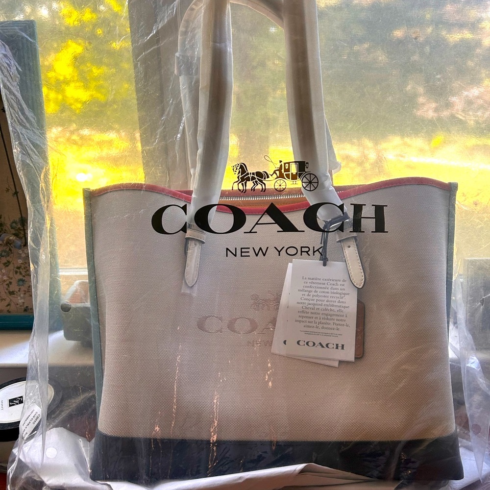 Coach Cream and Navy Tote with Pink/orange/ baby blue Accents